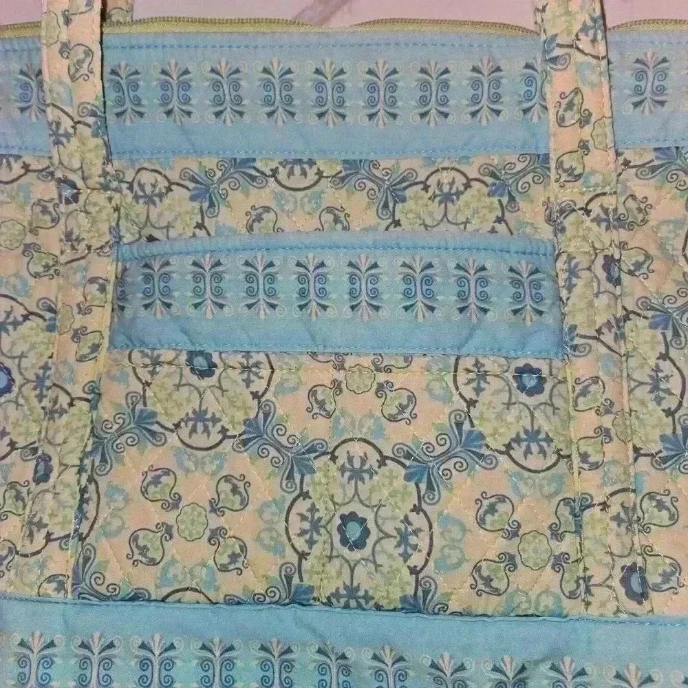 Lemon Hill Cotton Quilted Tote Bag Blue Green White